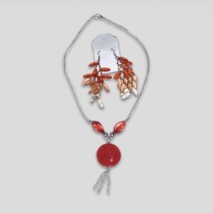 Beaded Necklace Dangle Drop Earrings Red Orange NWOT